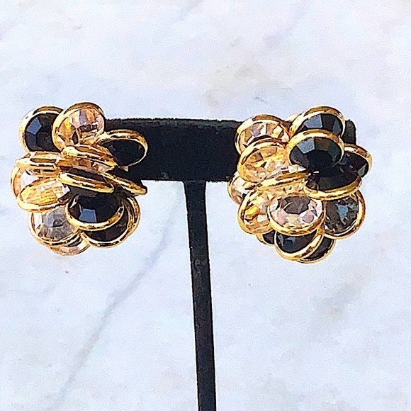 SWAROVSKI EARRINGS CLEAR & BLACK FACETED CRYSTAL GOLD MARKED SWAN CLIP VINTAGE - Picture 2 of 14